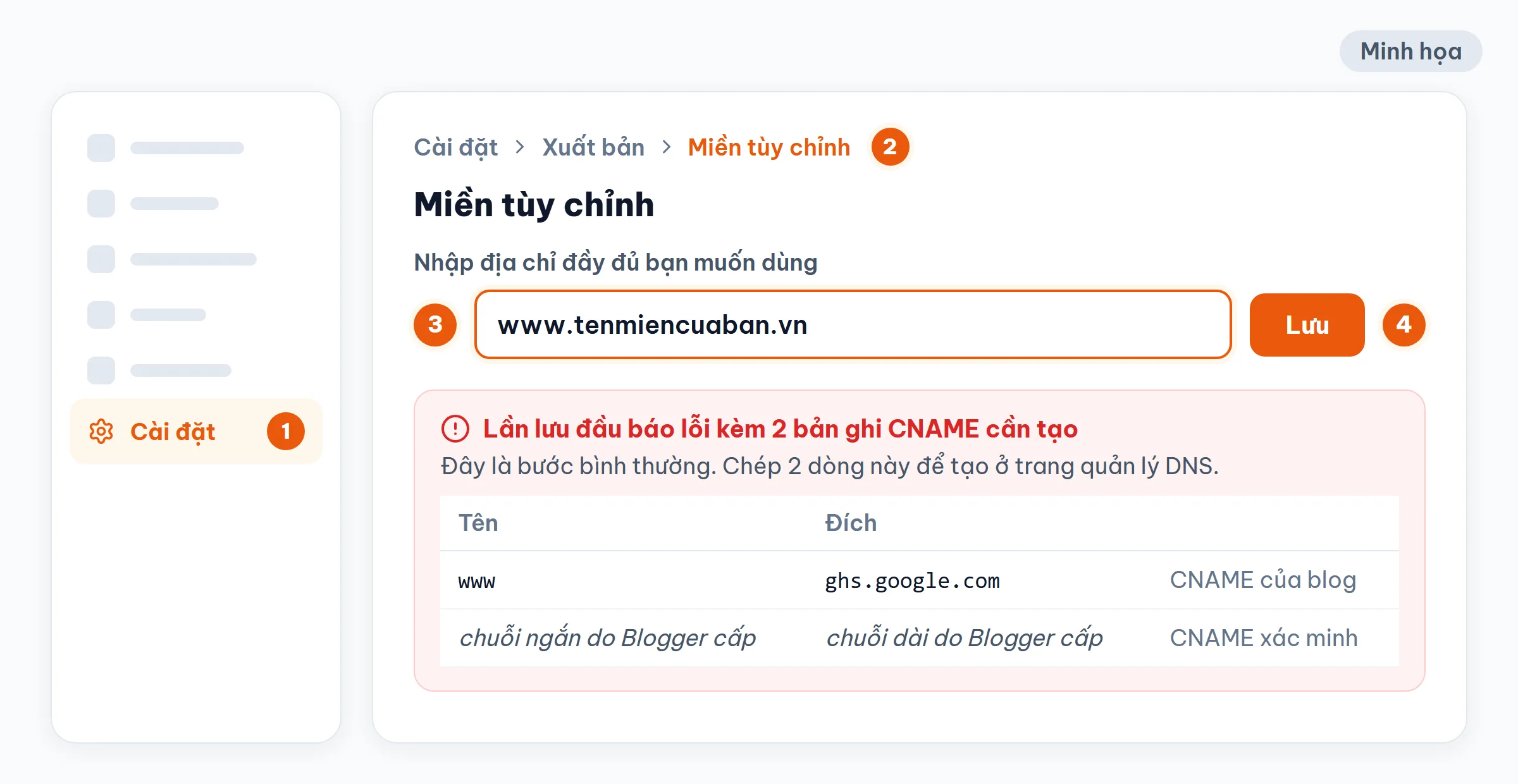 Minh họa Blogger Cài đặt › Xuất bản › Miền tùy chỉnh: nhập www.tenmiencuaban.vn, bấm Lưu, Blogger báo 2 bản ghi CNAME cần tạo
