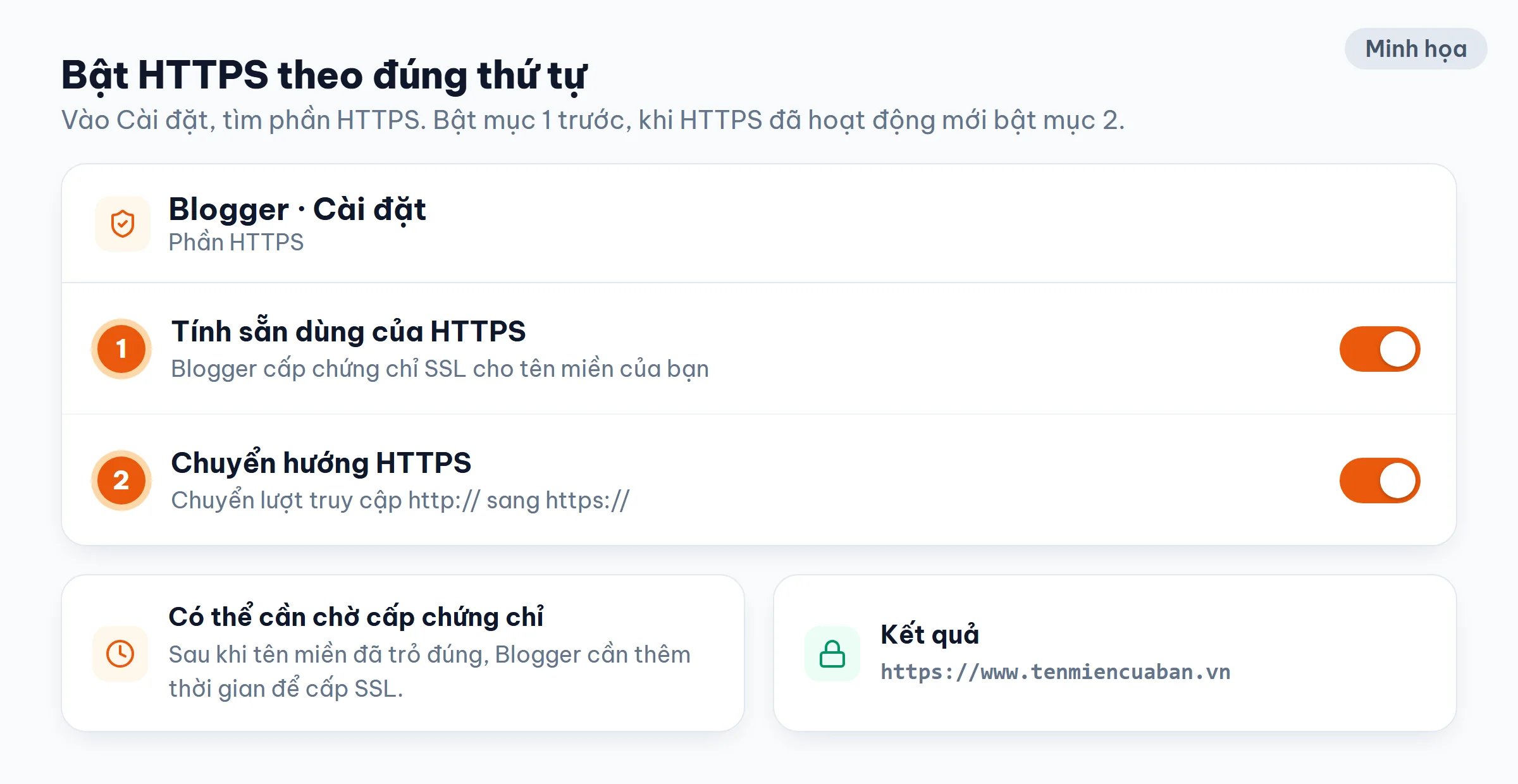 Minh họa phần HTTPS trong cài đặt Blogger: bật Tính sẵn dùng của HTTPS trước, sau đó bật Chuyển hướng HTTPS