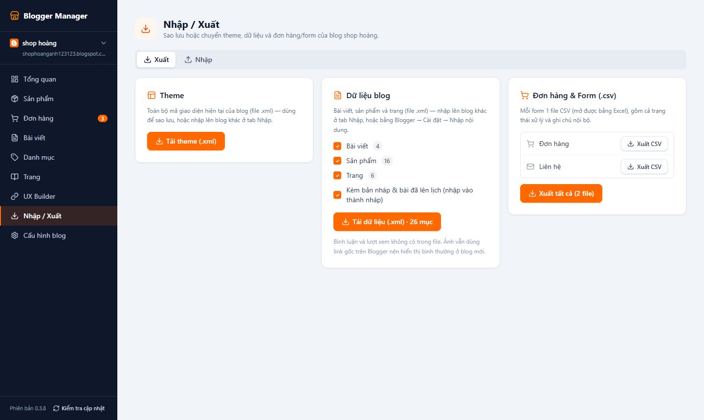 Trang Nhập / Xuất trong extension Blogger Manager