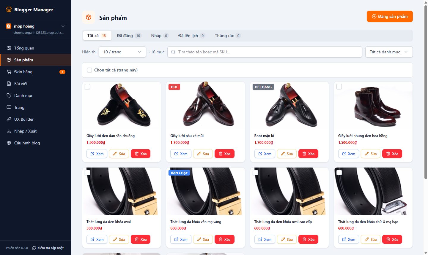 Trang Sản phẩm trong extension Blogger Manager