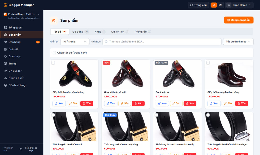 Giao diện extension Blogger Manager: trang quản lý sản phẩm